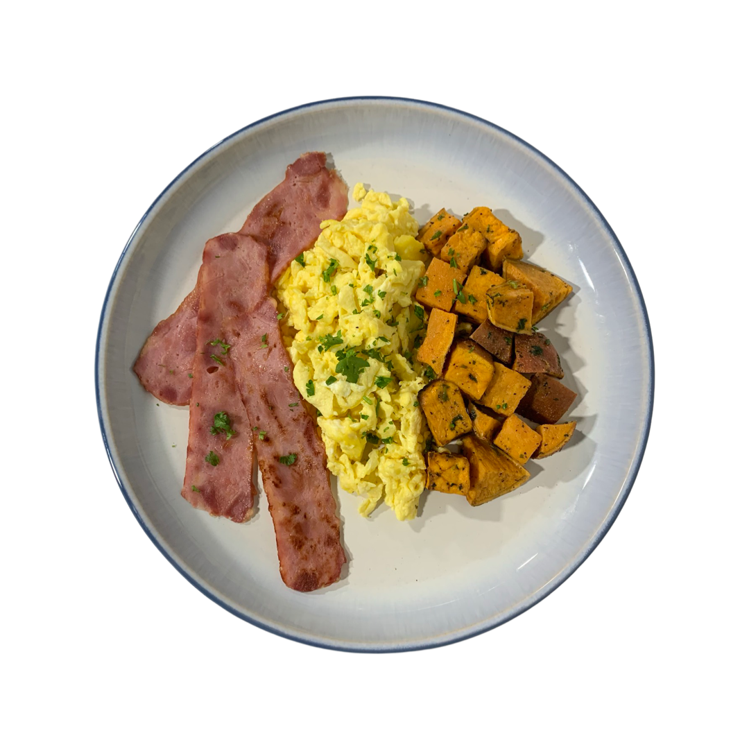Scrambled Eggs with Turkey Bacon and Potato Breakfast