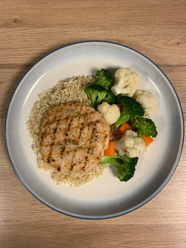 Turkey Patty, Brown Rice, Mixed Vegetables Meal
