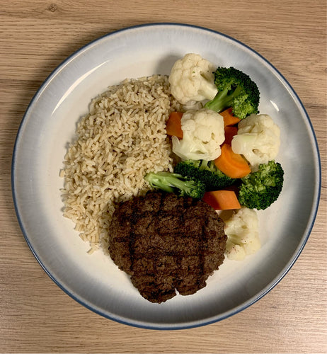 Beef Patty, Brown Rice, Mixed Vegetables Meal