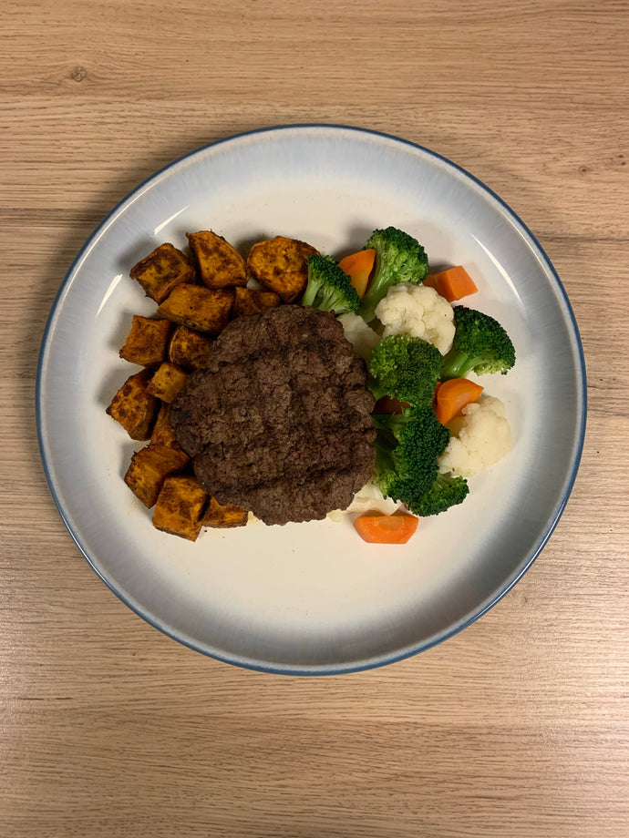 Beef Patty, Sweet Potato, Mixed Vegetables Meal