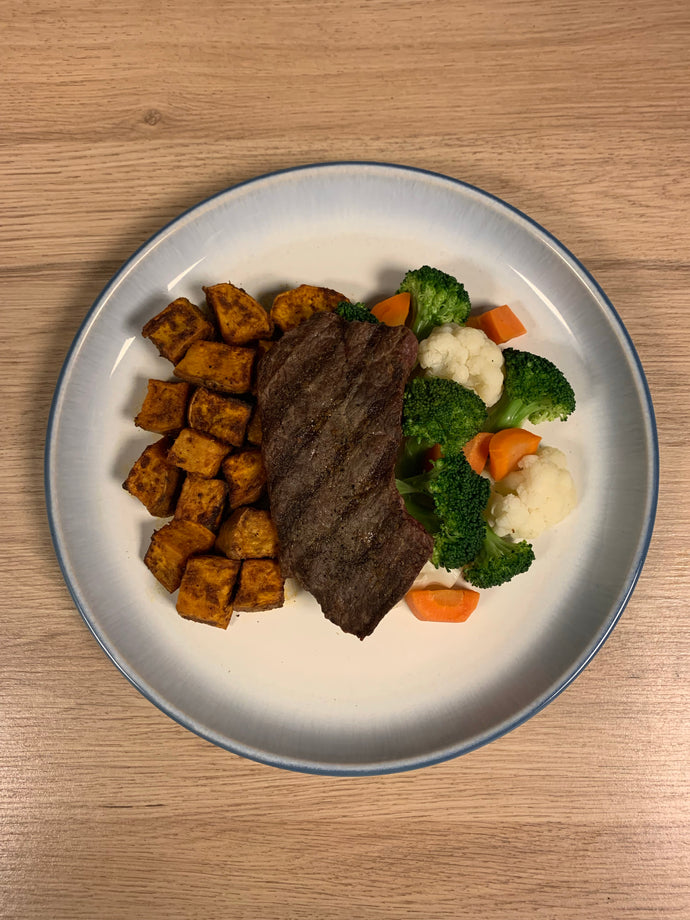 Steak, Sweet Potato, Mixed Vegetables Meal